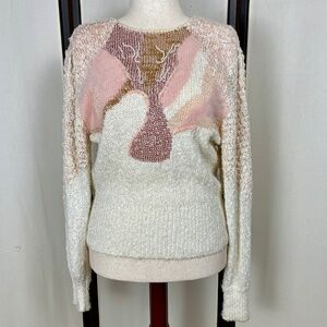 Vintage Madeleine Sweater Cream Pink Beaded Mixed Media Knit Embellished Size ?